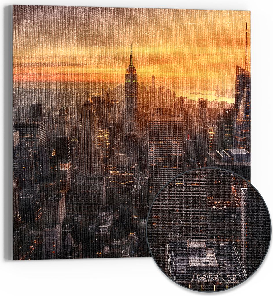 DEQORI Hybrid Leinwand Bild 50x50 cm 'Goldene Stadtsilhouette' Wandbild Glas flach modern