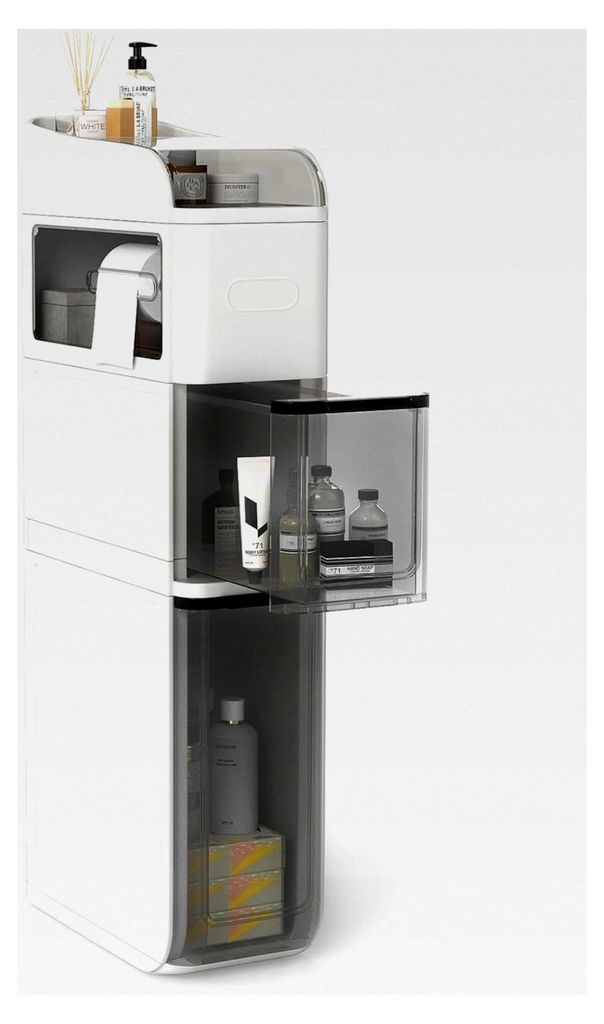 Badrollwagen, schmaler Nischenschrank mit 2 Schubladen, Taschentuchbox und oberem Regal, Badezimmerschrank aus Kunststoff mit Rollen, Aufbewahrungs...