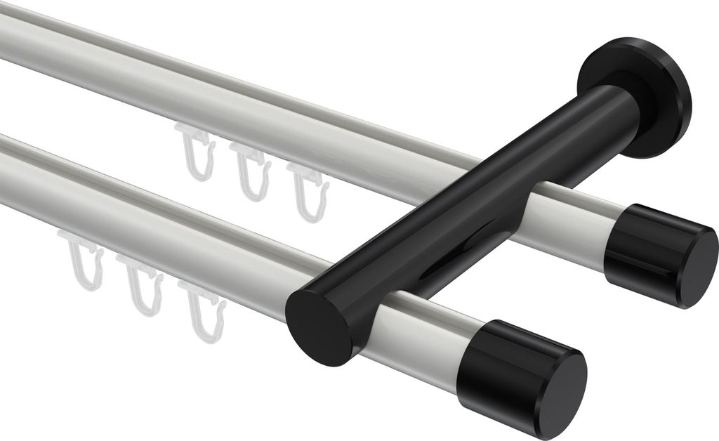 Interdeco Innenlaufstange / Gardinenstange mit Innenlauf Weiß / Schwarz, Typ Platon Santo (Kappe), 20 mm Ø 2-läufig, 540 cm