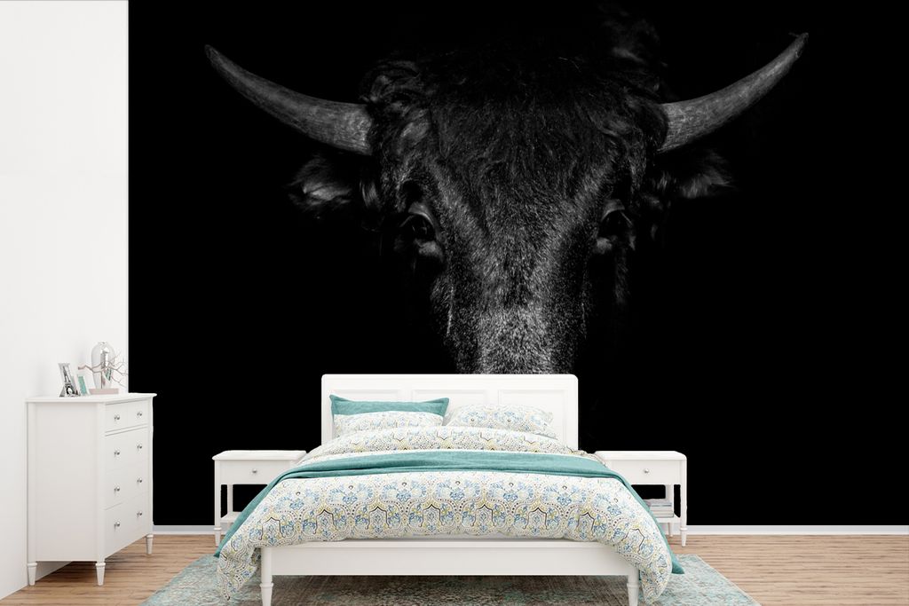 MuchoWow Fototapete für Wohnzimmer oder Schlafzimmer Wandtapete Vinyl Motivtapete Taurus - Tiere - Schwarz - Weiß - 390x260 cm - Papiertapete