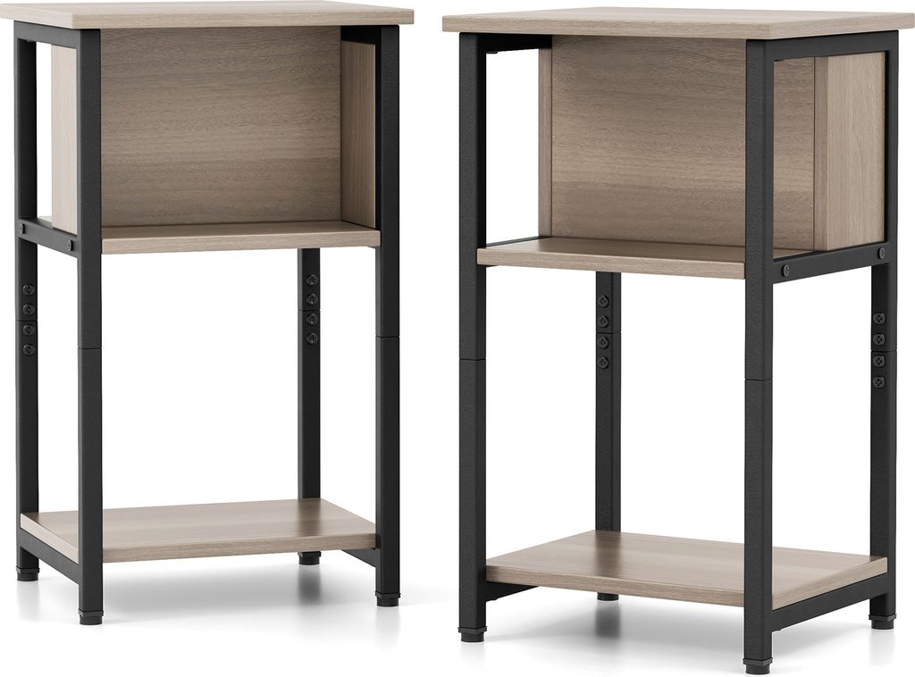 2er Set Nachttisch mit 3-Ebenen, Beistelltisch im rustikalen Stil mit Stauraum, schmaler Sofatisch 34 x 30 x 58,5cm