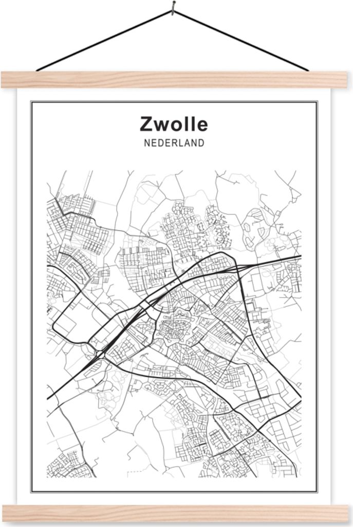 MuchoWow Textilposter Stadtplan - Zwolle - Schwarz und weiß 60x80 cm mit holzfarbenen Rahmen - Wandbild
