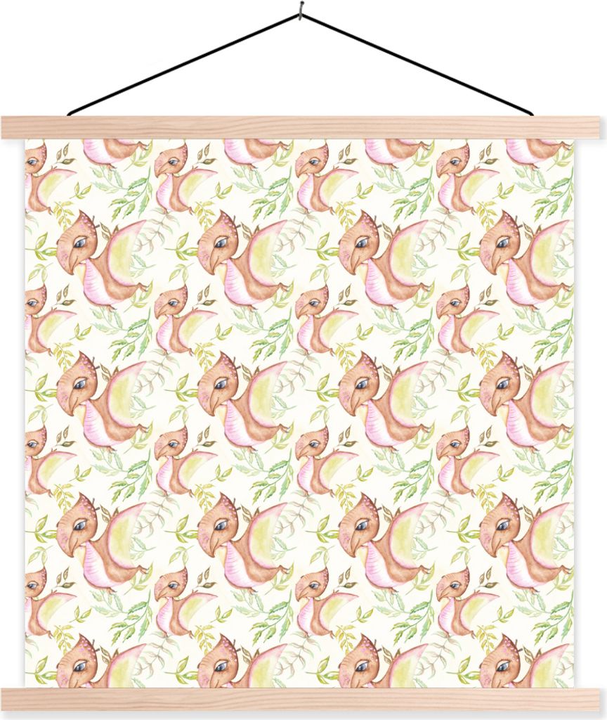MuchoWow Textilposter Dinosaurier - Braun - Kinderzimmer - Mädchen - Rosa 120x120 cm mit holzfarbenen Rahmen - Textil-Poster