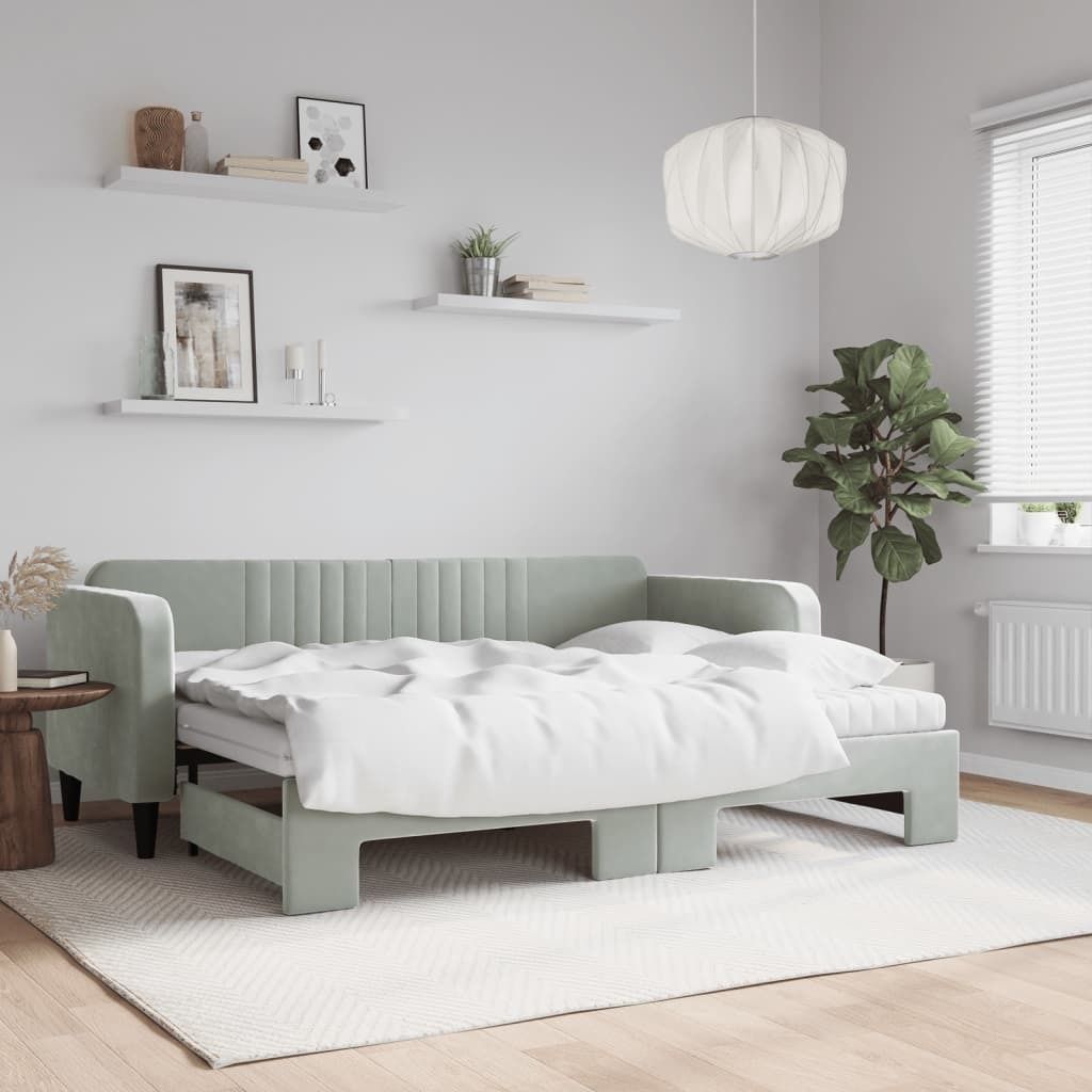 Design Möbel Tagesbett Ausziehbar mit Matratzen Hellgrau 80x200 cm Samt - 2024 Neu