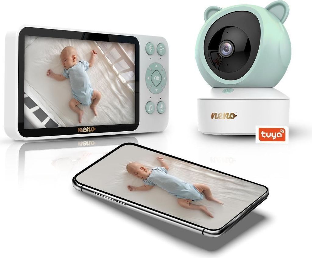 A baby monitor system with a parent unit, a camera, and a smartphone displaying the camera feed.