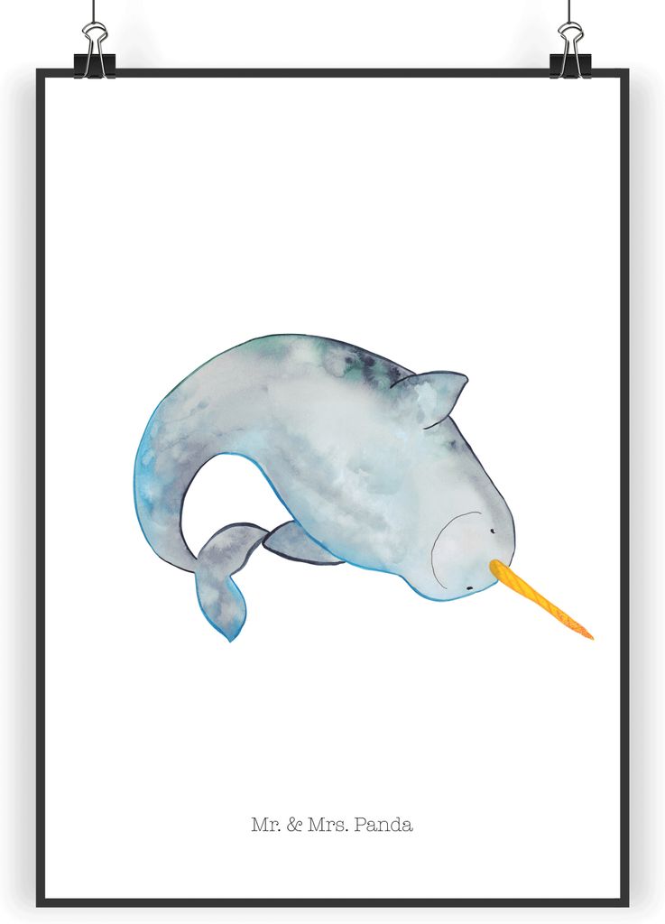 Mr. & Mrs. Panda Bild Narwal DIN A5 - Weiß - Geschenk, wanddeko, Kinderzimmer, Wanddekoration, Hausfrau, Aufräumen, Wal, Meer, Putzen, Design Pos...