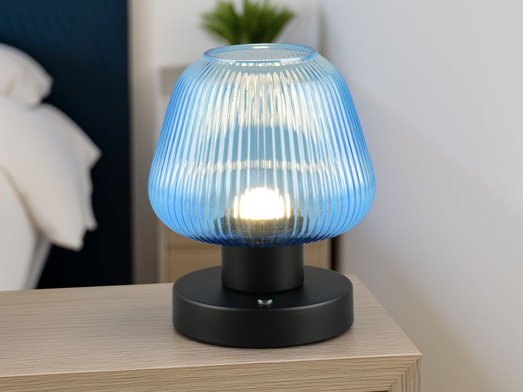 Kabellose kleine LED Akku Tischlampe ohne Strom, dimmbar mit Glasschirm Blau