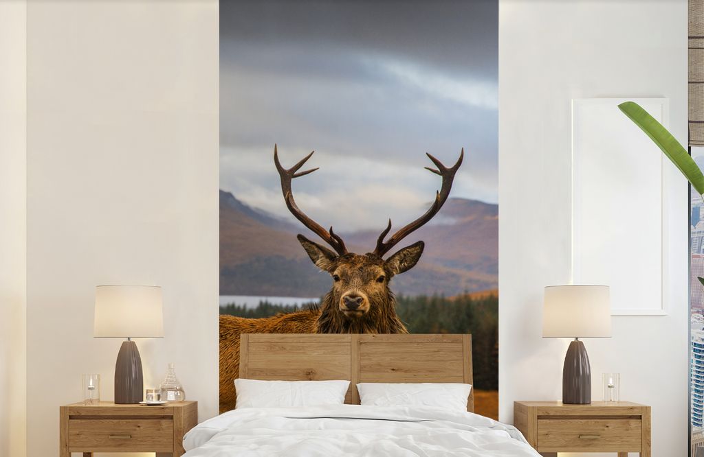 MuchoWow Fototapete für Wohnzimmer oder Schlafzimmer Wandtapete Vinyl Motivtapete Hirsche - Berge - Wasser - Landschaft - Tiere - Bäume - 120x2...