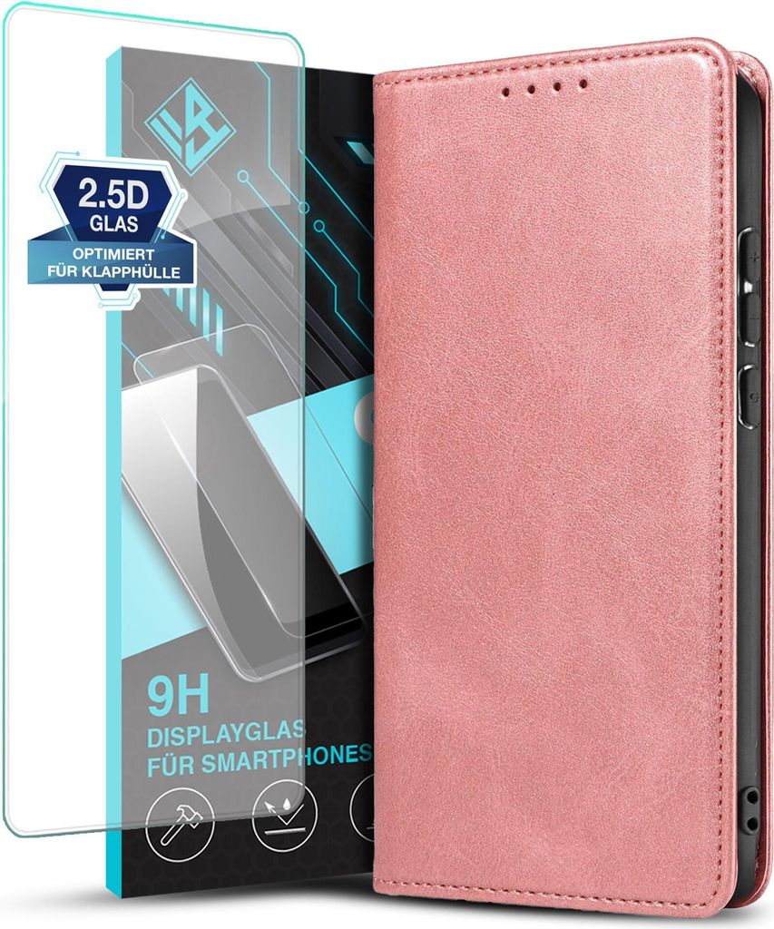 Handyhülle für Xiaomi Redmi Note 14 mit 9H Displayglas Kunstleder Flip Cover Hülle Handytasche Case Kartenfach Farbe: Rosa