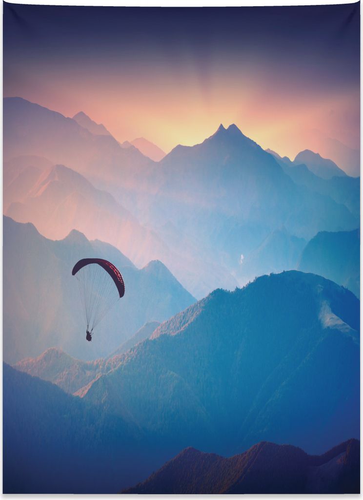 Abakuhaus Natur Wandteppich, Paraglide Sun Berge aus Weiches Mikrofaser Stoff Kein Verblassen Klare Farben Waschbar, 110 x 150 cm, Rosa Blau