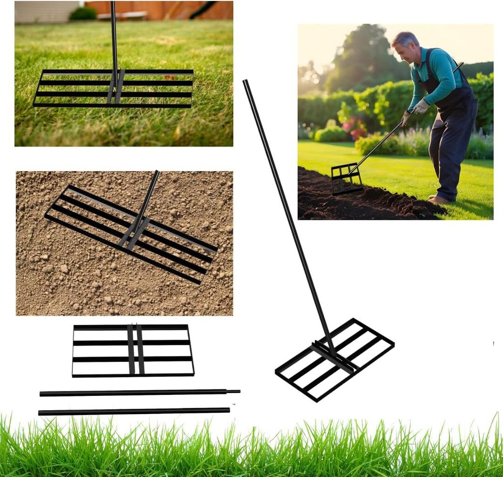 Anwicar Garten Rasen Rakel Edelstahl 60x30 cm & 150 cm Stiel - Robuster Nivellierrechen für gleichmäßige Rasenpflege