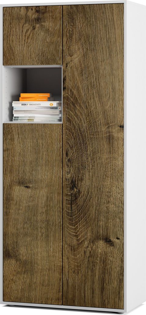 SIMPLYFURN Büroschrank Amira T10 | Aktenschrank & Mehrzweckschrank mit offenem Fach | Weiß & Eiche Ribbeck | Push-to-Open | 180x80x40 cm | Modern...