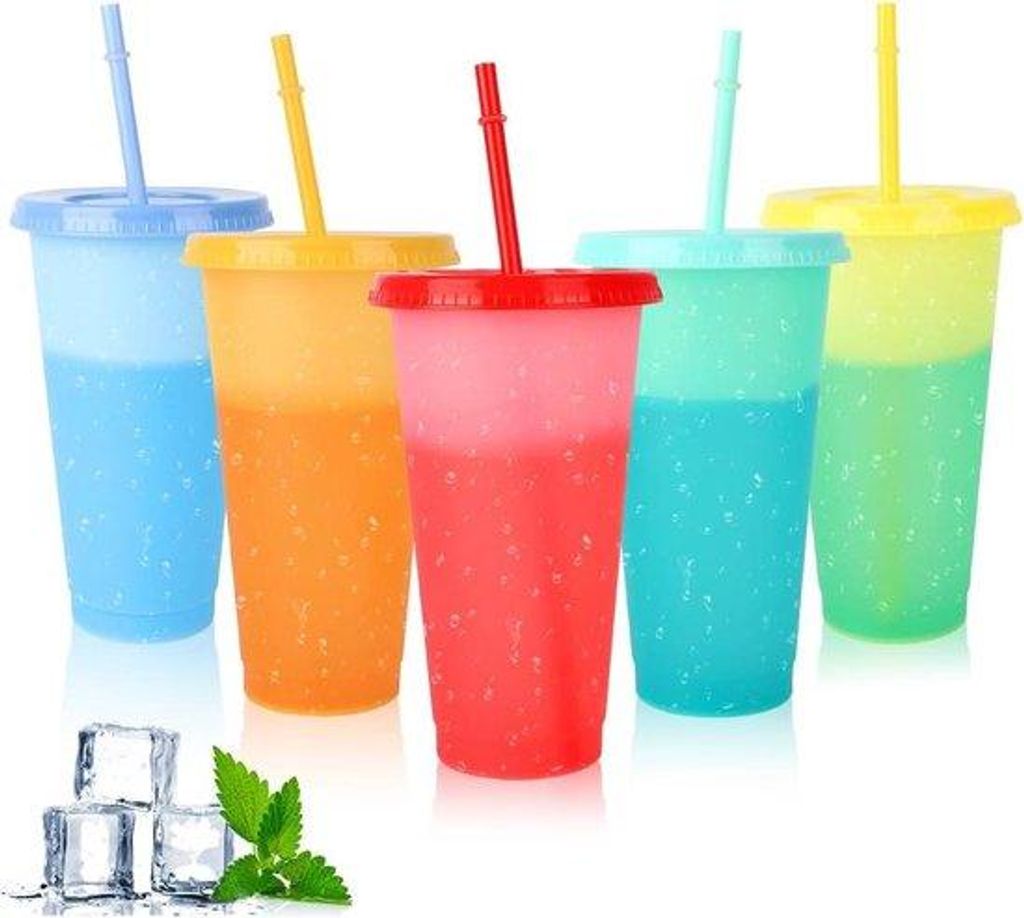 Farbwechselnde Becher mit Deckel und Trinkhalm, 710ml, Mehrweg, Smoothie, Kaffee