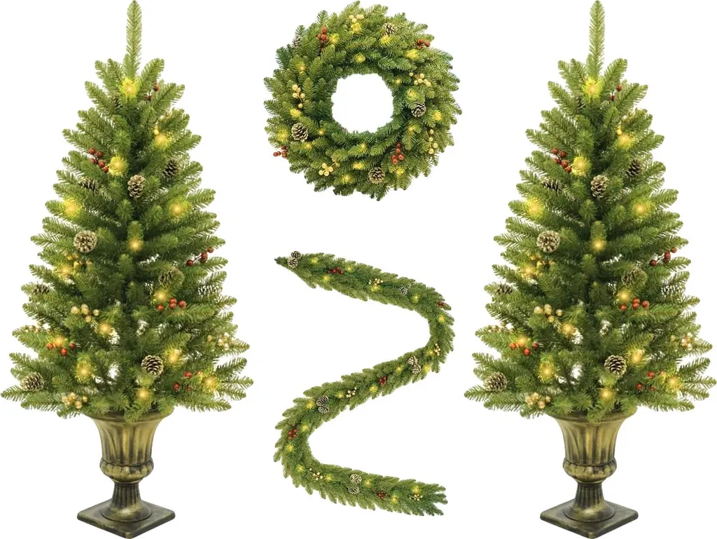 Kit sapin de Noël artificiel avec couronne et guirlandes lumineuses LED