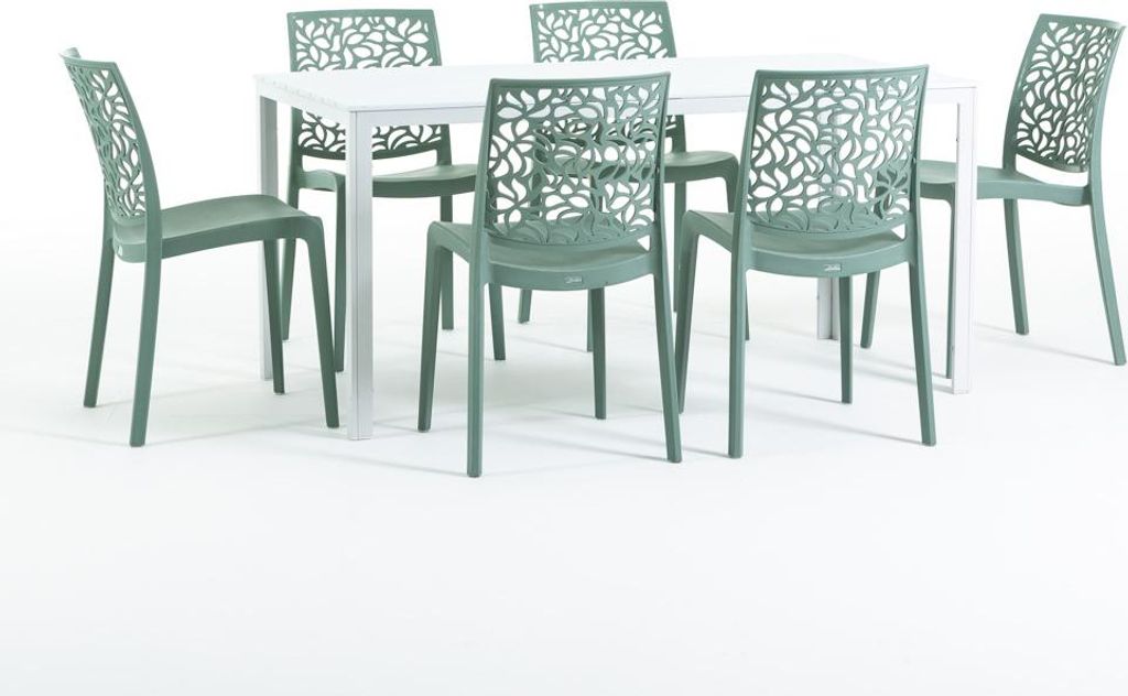 Outdoor-Essset mit rechteckigem Tisch 156x78 cm und 6 stapelbaren Stühlen aus glasfaserverstärktem Harz – modernes Design in Holzoptik, ideal f...