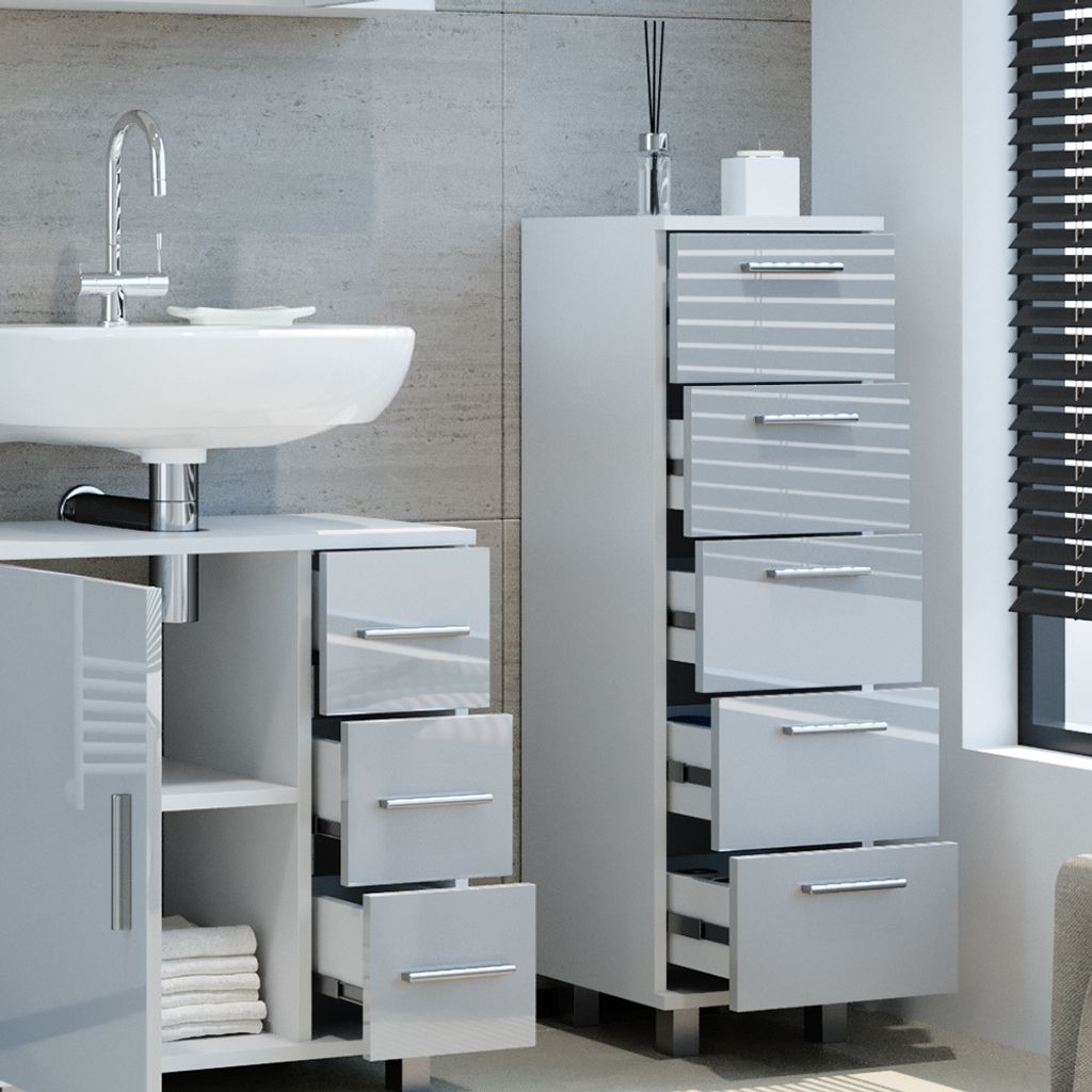 Livinity Cassettiera Da Bagno Eisak – 30x95x30 Cm, Bianco Lucido, 5 Cassetti, Facile Da Pulire