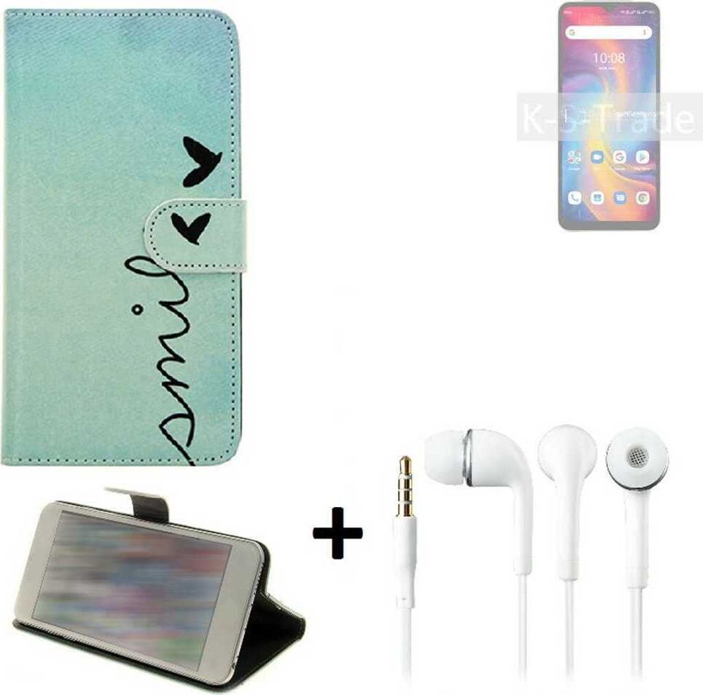 K-S-Trade Schutz Hülle Handy Hülle kompatibel mit UMIDIGI A13 Pro 360° Wallet Case Schutz Hülle ''smile'' inkl. Ohrstöpsel Smartphone cover