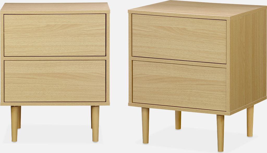 Two identical bedside tables are shown from different angles against a white background.