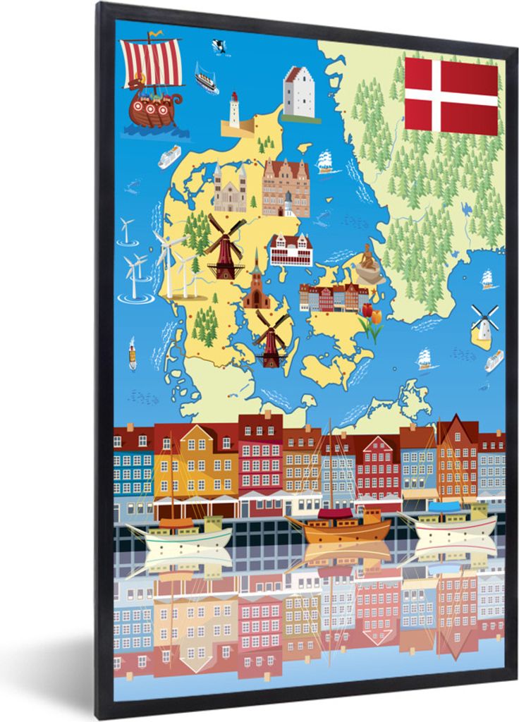 MuchoWow Gerahmtes Poster Illustration einer cartoonartigen Karte von Dänemark 60x90 cm - Poster mit Schwarzem Bilderrahmen Wandposter Rahmen Fo...