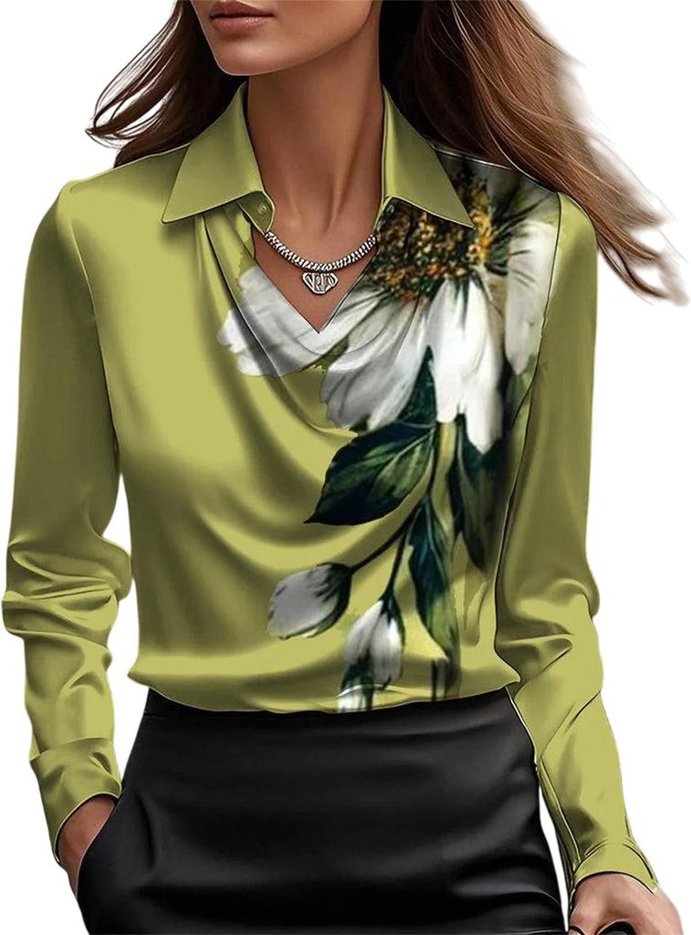 ASKSA Damen Satin Bluse Wasserfallkragen Elegante Oberteile Langarm Seide Hemdbluse Arbeitshemd Business Langarmshirt (Gruene Blume,S)