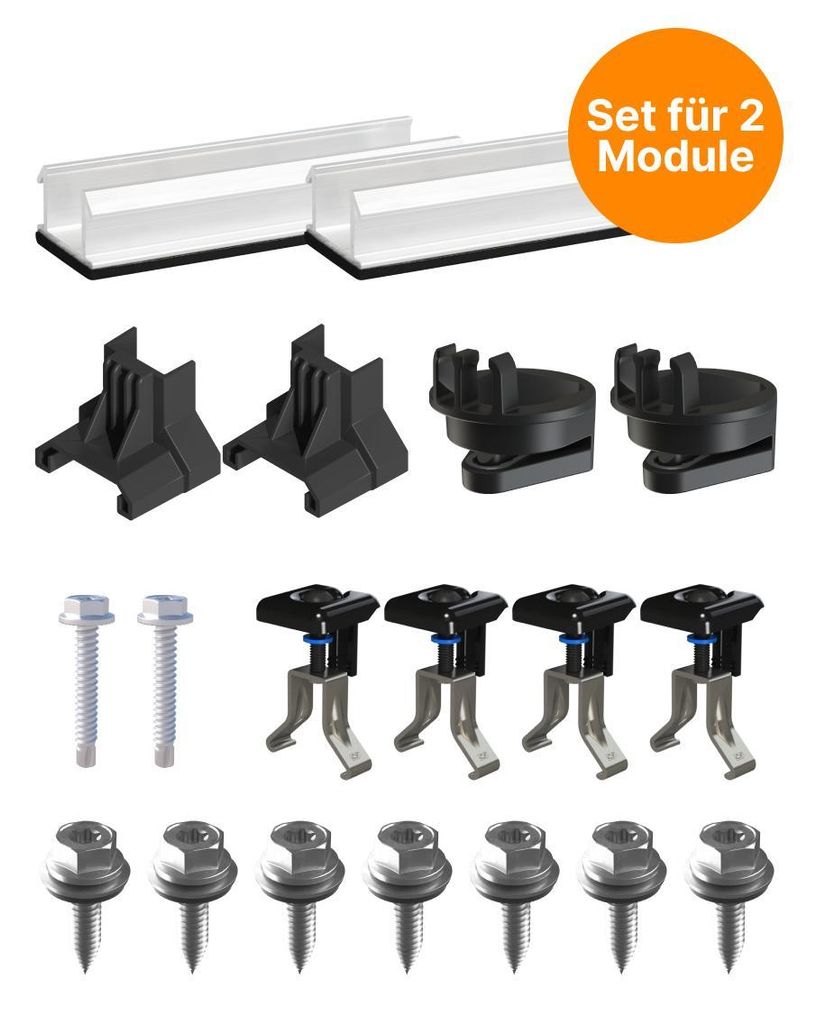 Photovoltaik Montageset Trapezblech waagerecht | Komplett-Set für 2 Solarmodule | Solar Befestigung | Unterkonstruktion für Blechdach