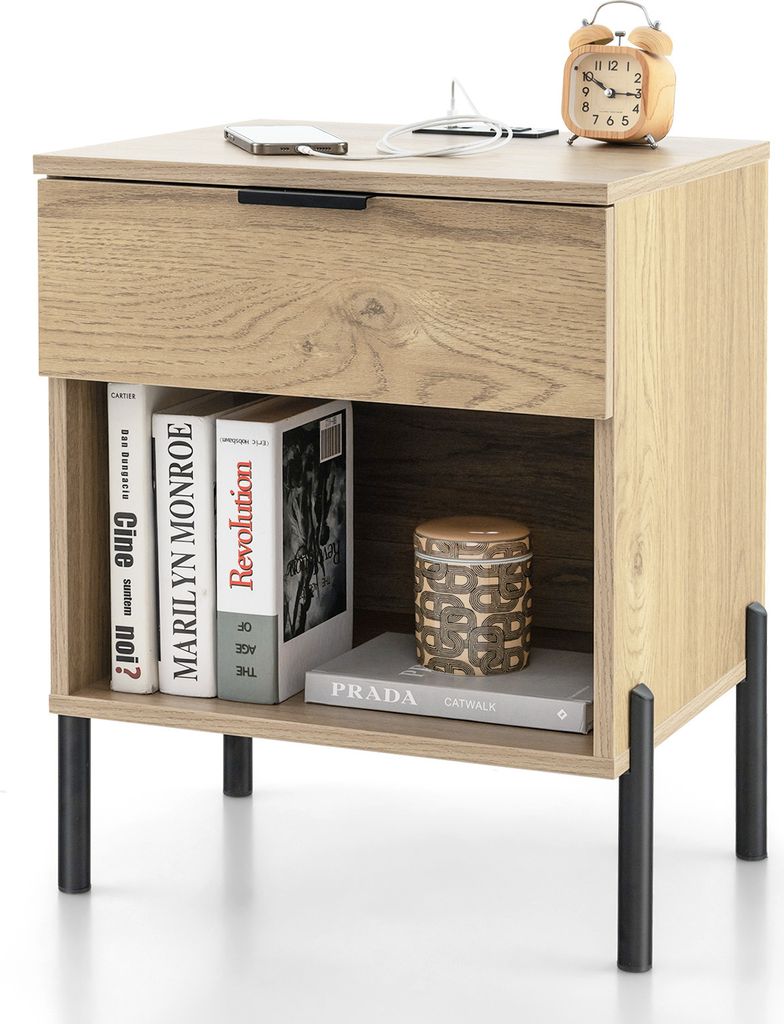 A product shot of a nightstand with items on top and inside.