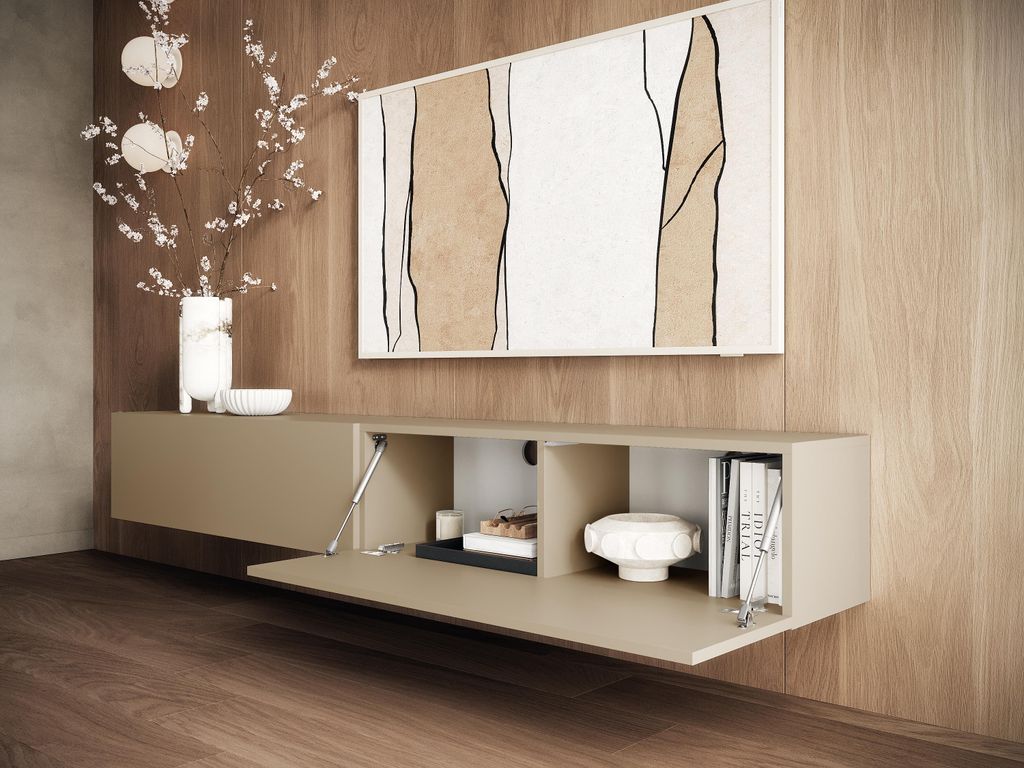 A modern living room with a wall-mounted TV lowboard.