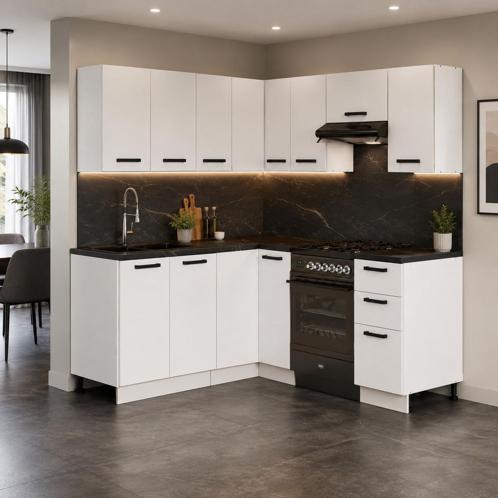 ULWEHOME | Eckküche 300 cm Mattweiß, L-Küche Produktbild  KI-generiertes Bild