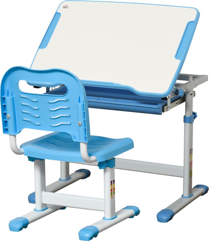 HOMCOM Kinderschreibtisch 2 in 1 Schreibtisch- und Stuhlset für Kinder ab 6 Jahren mit höhenverstellbarem, winkelverstellbarem Tisch und verschie...