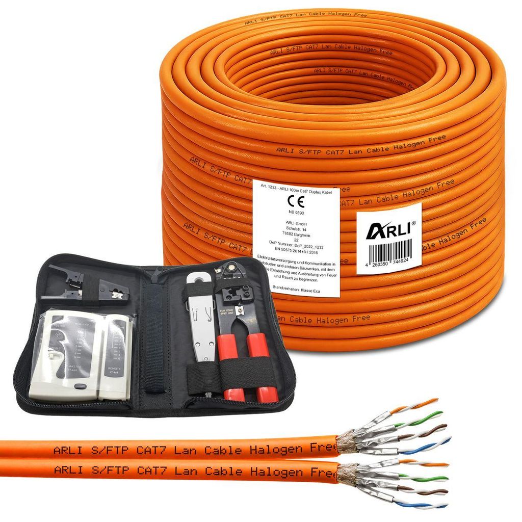 ARLI Cat7 Duplex Verlegekabel 100 m S/FTP LSZH PIMF + Werkzeugset Crimpzange LSA Netzwerktester Abisolierer Netzwerkkabel Orange