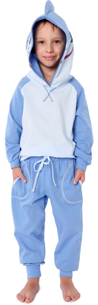Ladeheid Kinder Mädchen Jungen Langarm Schlafanzug aus Baumwolle Tierkostüm Pyjama bunt mit Tiermotiv Verkleidung mit Kapuze LA40-236 (Blau Hai, ...