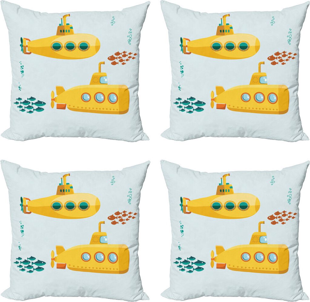 ABAKUHAUS Gelbes U-Boot Kissenbezug Set (4 Stück), Unter Periscope Fisch, Moderner Doppelseitiger Digitaldruck, 60 cm x 60 cm, Yellow Baby Blue