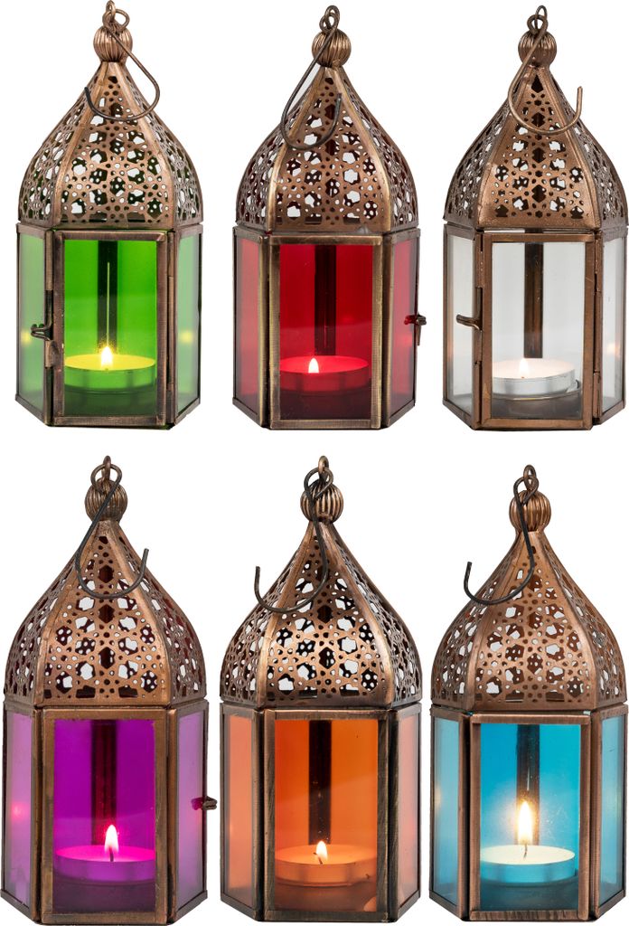 Orientalische Laternen 6 Set Laterne Meena bunt 16cm | 6x Orientalisches Windlicht aus Metall & Glas in 6 Farben | Marokkanische Glaslaterne für d...