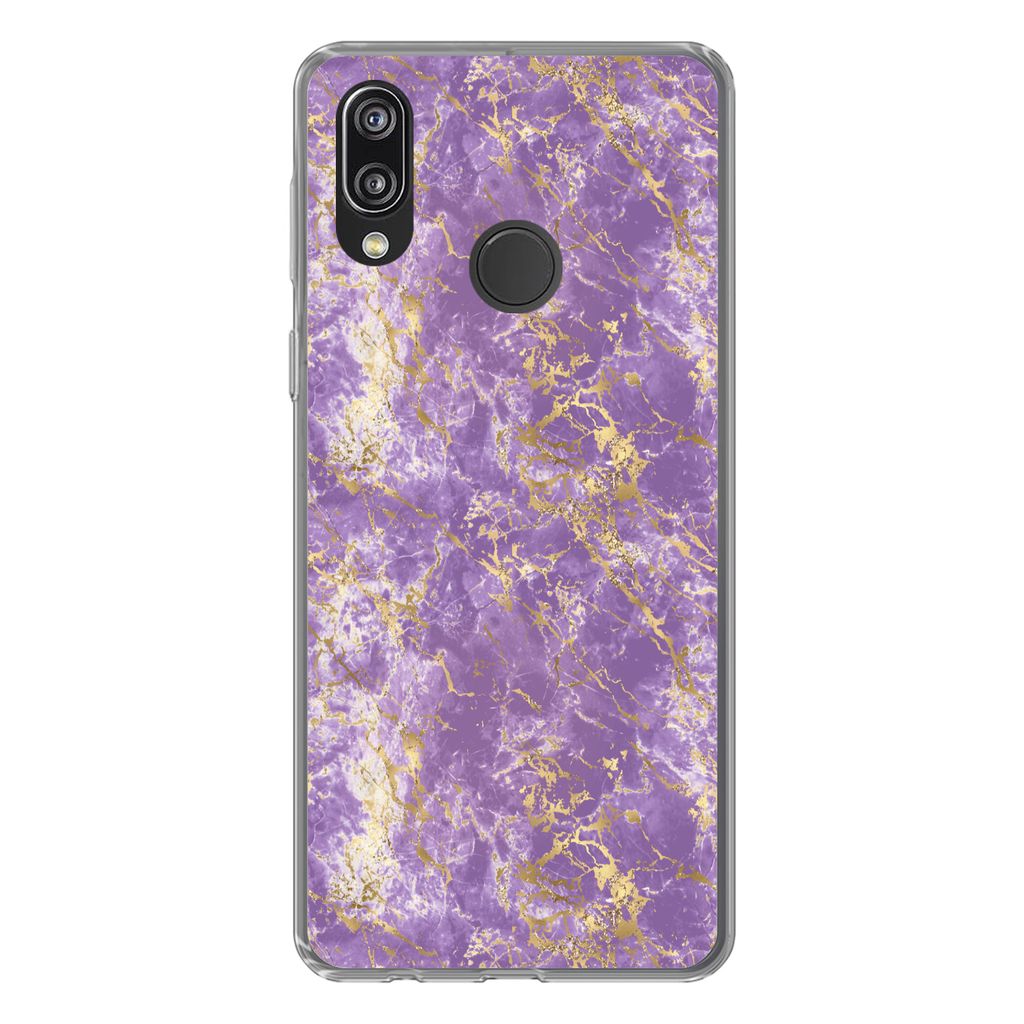 MuchoWow Handyhülle Schutzhülle Hülle für Huawei P20 Lite (2020) Marmor - Lila - Gold - Muster Silikon Softcase Handy Hülle - Kartenhalter