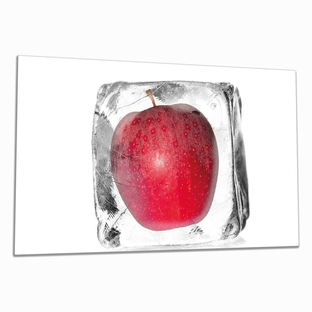Wallario Herdabdeckplatte aus Glas, Größe 90 x 52 cm 1-teilig, Motiv Roter Apfel in Eiswürfel - Eiskaltes Obst
