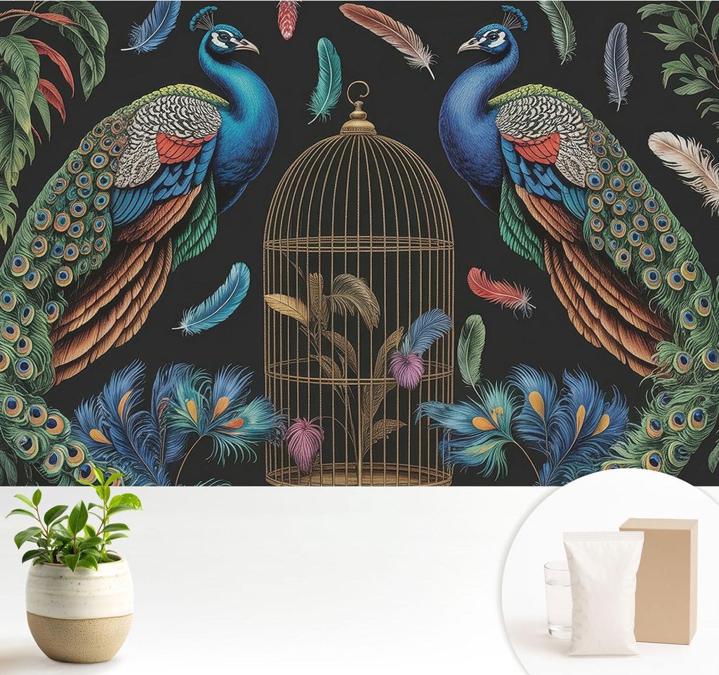 Fototapete - 104x70 cm - Tapete - Wandtapete - Wandbilder - Dekofolie - Tapete Folie - Wand - Dekoration - Wohnzimmer - Exotische Pfauen