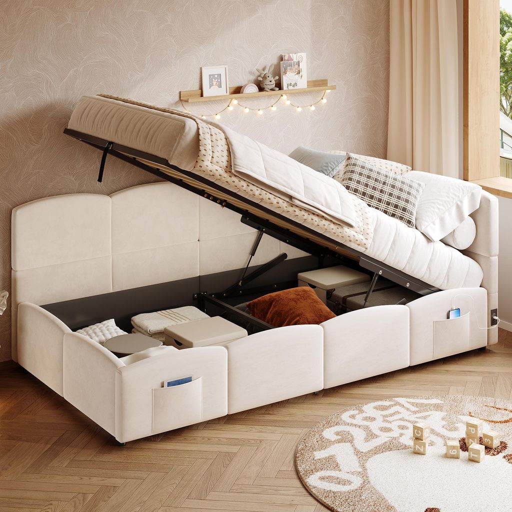 okwish Kinderbett 90×190 mit USB-Ladegerät und Stautasche, Schlafsofa mit Viel Stauraum, Einzelbett in Beige, ohne Matratze
