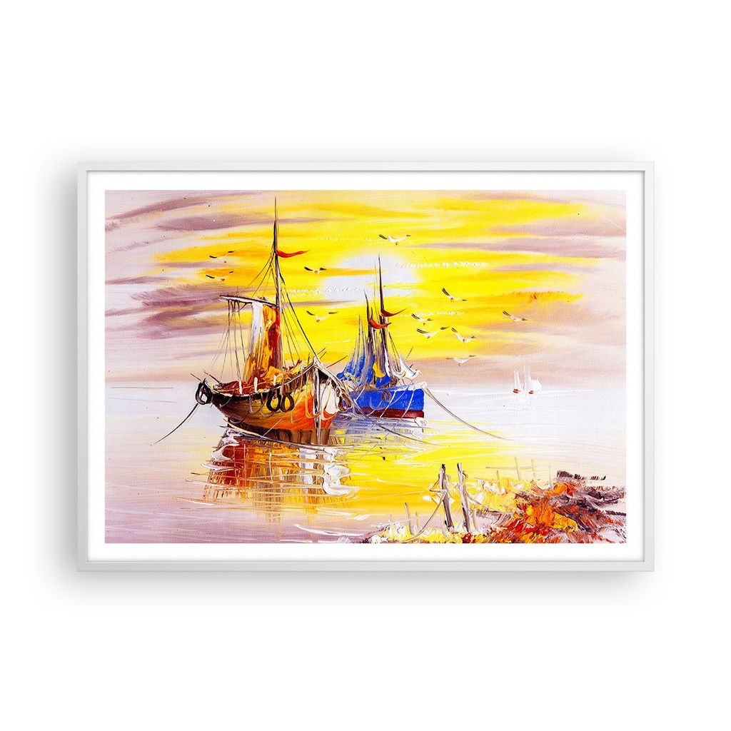 Gerahmtes Poster - Weißer Rahmen - Boote Sonne Meer Reisen - 100x70 cm - Wand Bild - Wanddeko - Wandbilder - Kunstposter - Wandposter - Bilderrahm...