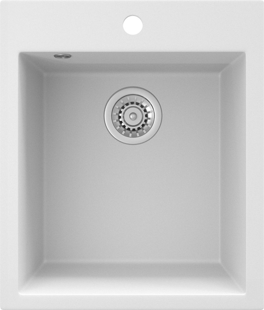 A top-down view of a white sink with a drain in the center.