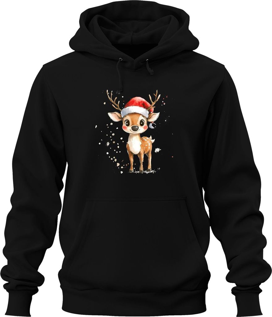 Weihnachtsrentier Aquarell Santa Hut Kinder Geschenk Niedlich Uni Hoodie Kapuzenpullover, Schwarz, L