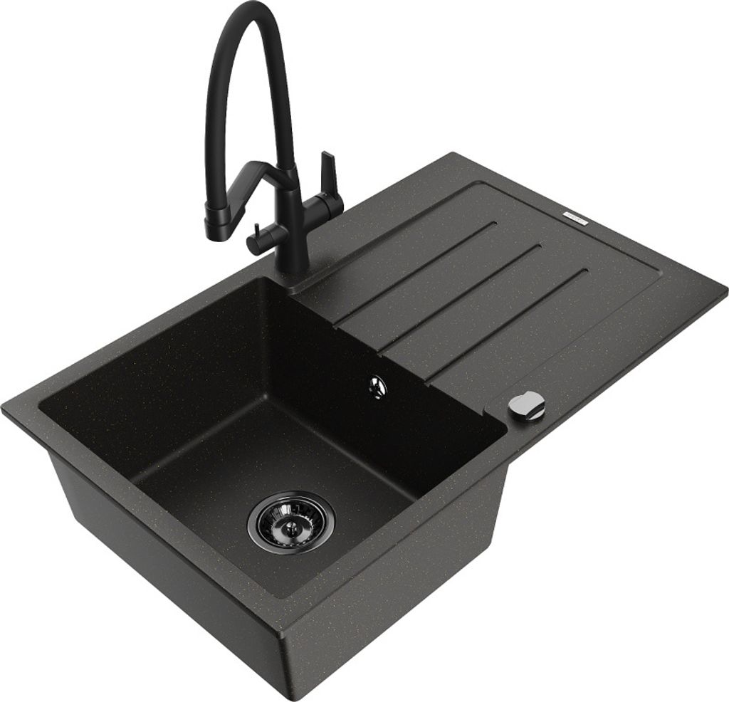 Mexen Bruno 1 Becken-Granitspüle mit Abtropffläche und Mischbatterie Duo, Schwarz/Gold metallisch - 6513-75-671701-70-B