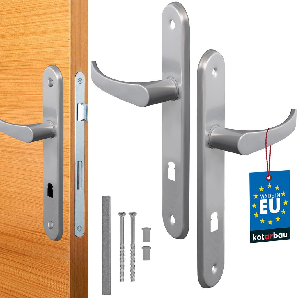 A set of door handles and related hardware displayed against a white background, with one handle shown attached to a wooden door.
