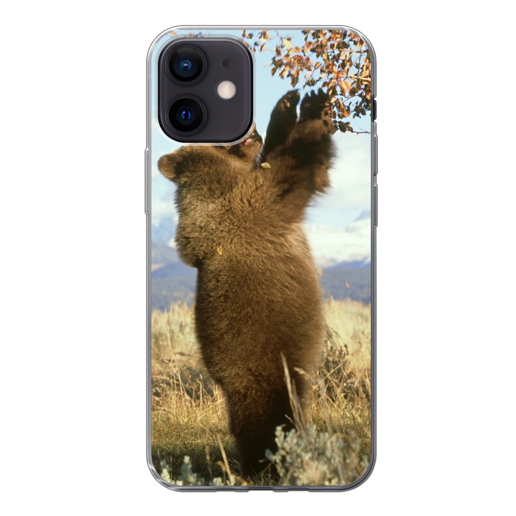 MuchoWow Handyhülle Schutzhülle Hülle für iPhone 12 Bär - Laub - Gras Silikon Softcase Handy Hülle - Schutzhülle