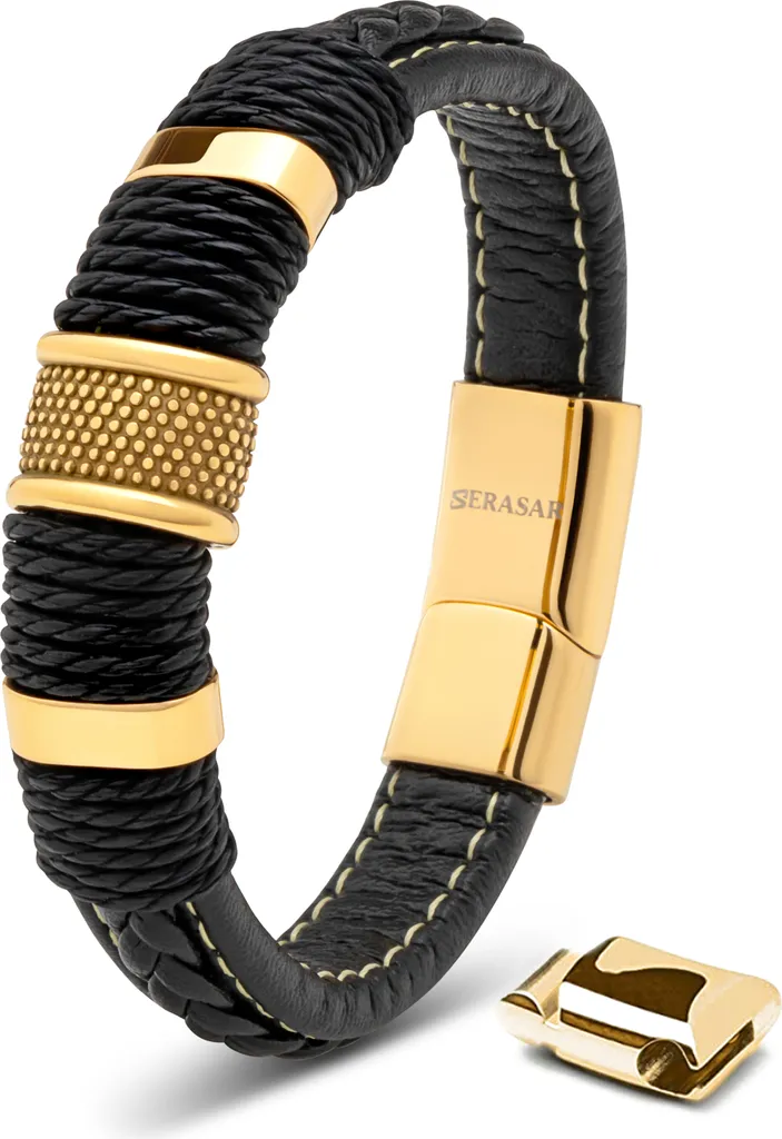 SERASAR Bracciale Uomo Pelle Nera e Oro 20cm | Look Rock & Luxury