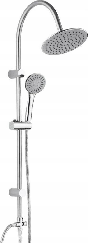 A chrome shower column with a rain shower head and a hand shower.