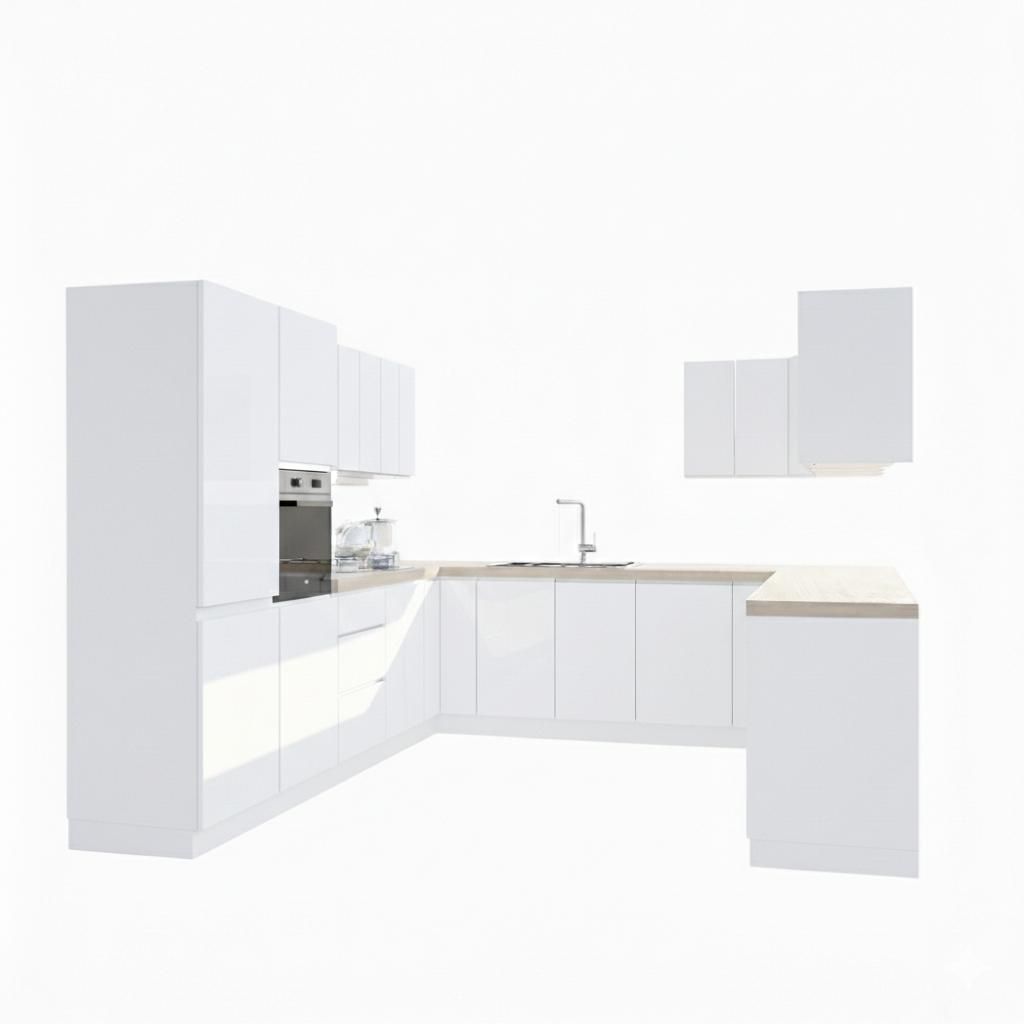 Winkelküche 320 x 280 x 260 cm ohne Arbeitsplatte Eckküche Einbauküche Küchenblock Ohne E-Geräten , Aspen KA17-M320 , Weiß/Hochglanz