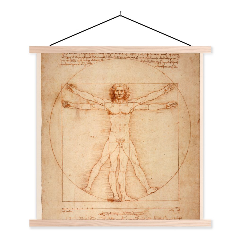 MuchoWow Textilposter Der vitruvianische Mensch - Leonardo da Vinci 120x120 cm mit holzfarbenen Rahmen - Textil-Poster