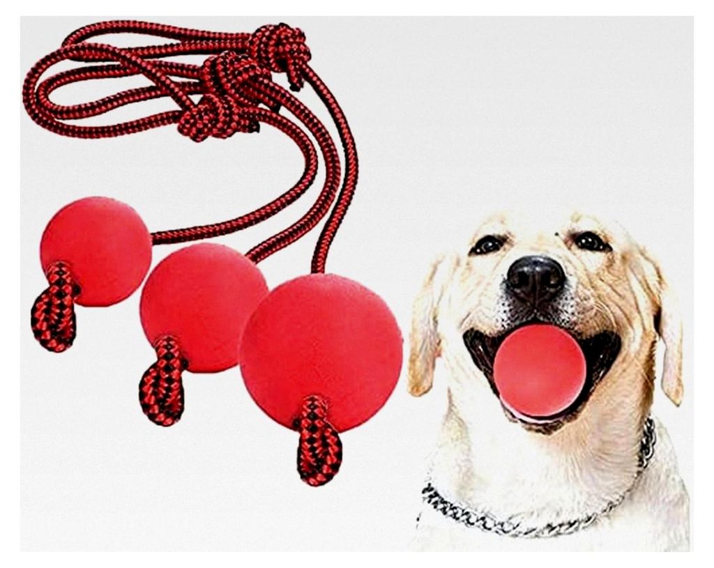 3 Stück Hundespielzeug Ball aus Naturkautschuk mit Seil, Wurfball für Hunde
