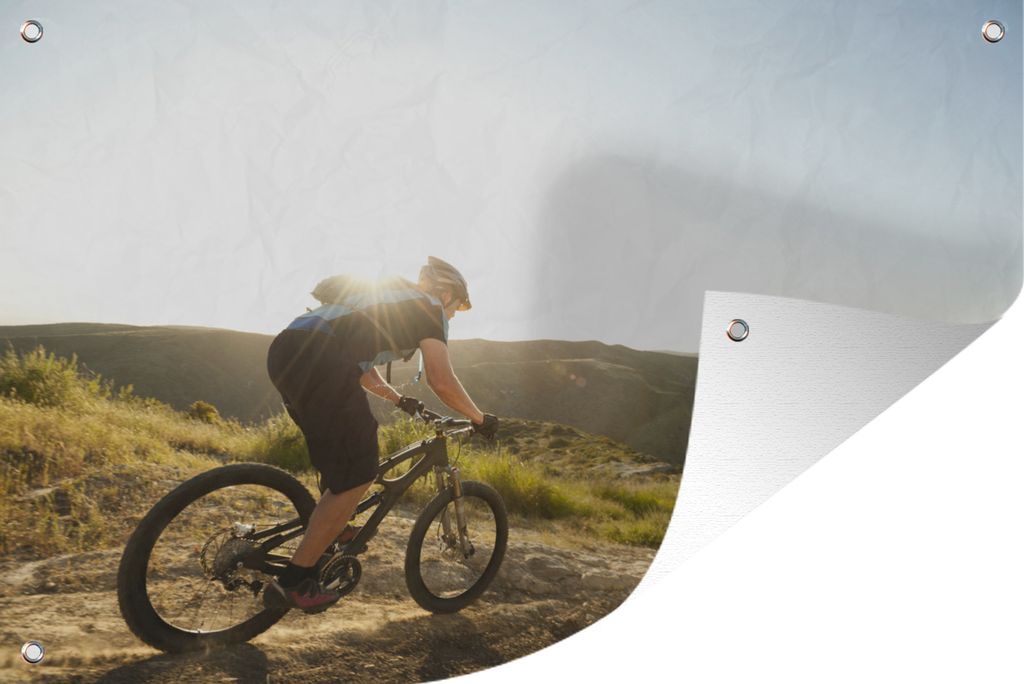 MuchoWow 90x60 cm Outdoor-Poster Gartendeko Sichtschutz Garten Poster für den Garten Auf dem Feldweg mit dem Mountainbike