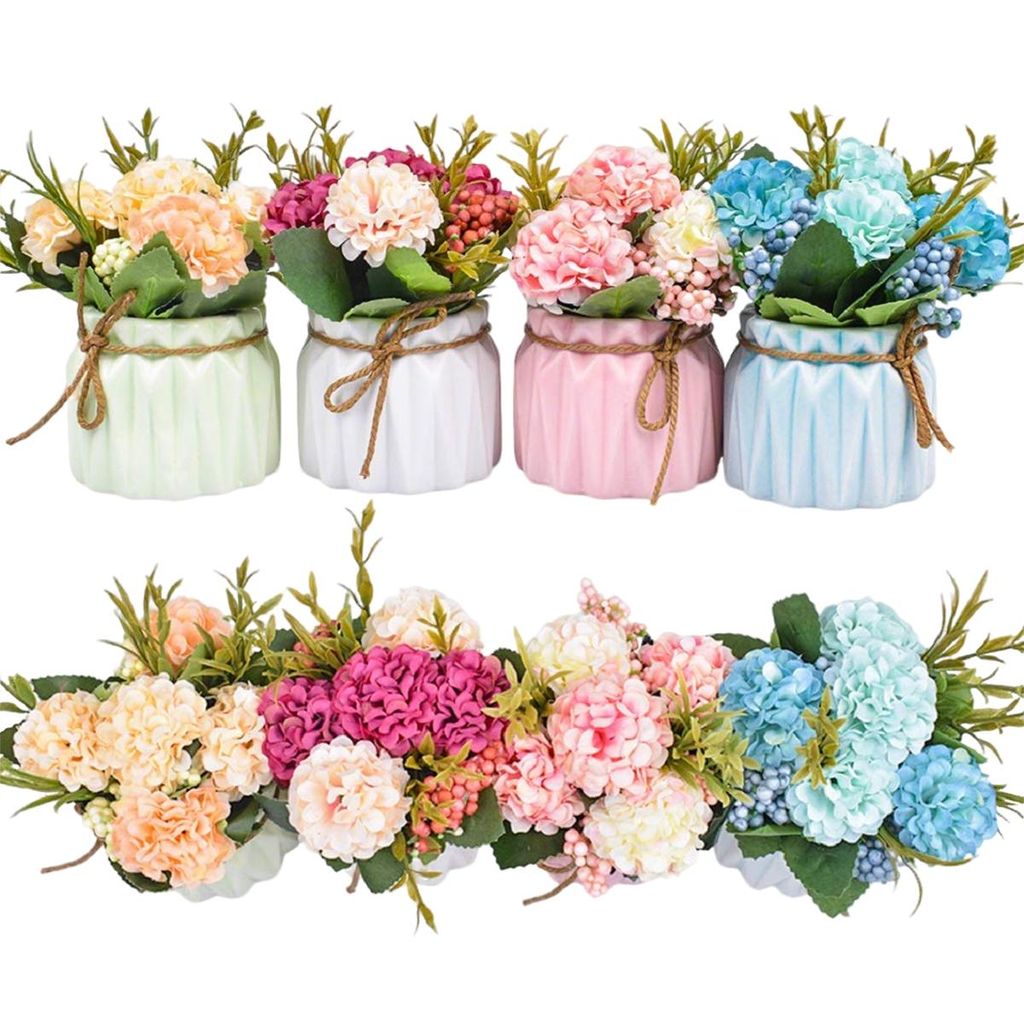 Künstliche Hortensien im Topf – 4 Stück Mini Dekoblumen Set für Tischdeko, Party, Balkon, Wohnzimmer, Schreibtisch – Flaschendeko modern